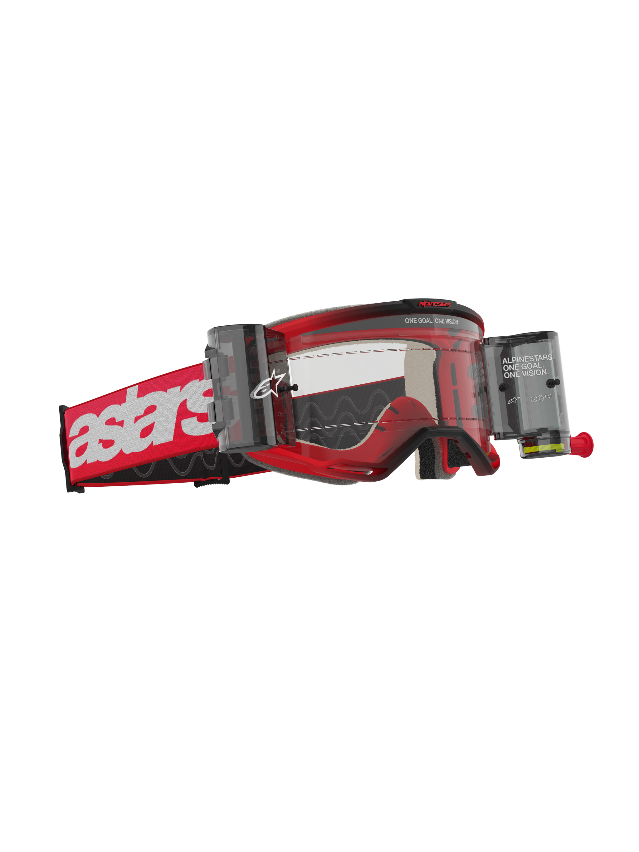 Alpinestars Vision 5 Blaze Goggles Roll Off, Motocross Goggles, Red frame with white astars logo on the strap, clear lens with integrated Wide Vision Roll-Off system canisters, durable eye protection for off-road riding