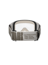 Alpinestars Vision 5 Hollow Goggles, Motocross Goggles, Wind Clear, rear view focusing on the wide light gray strap with Alpinestars branding and 'One Goal One Vision' slogan, white frame with clear lens and thick face foam visible