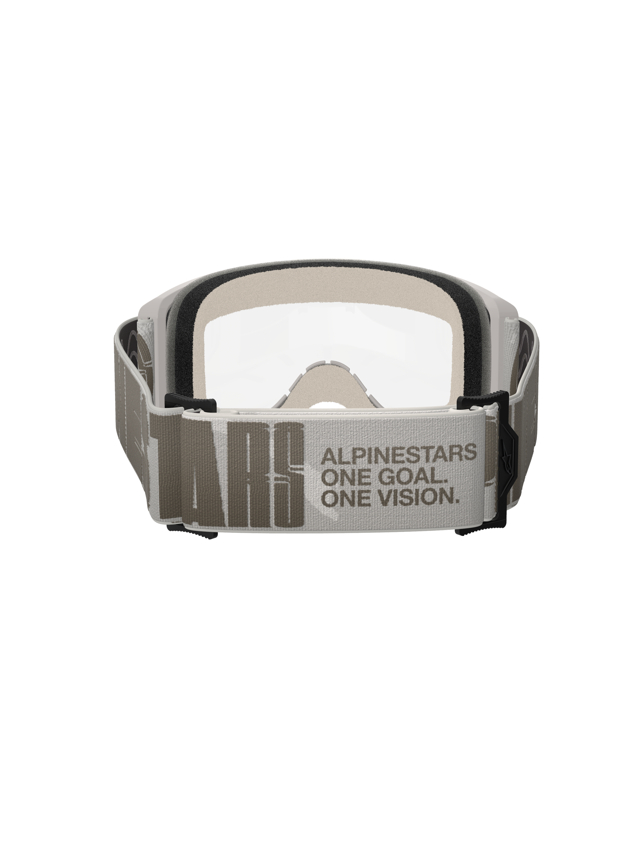 Alpinestars Vision 5 Hollow Goggles, Motocross Goggles, Wind Clear, rear view focusing on the wide light gray strap with Alpinestars branding and 'One Goal One Vision' slogan, white frame with clear lens and thick face foam visible