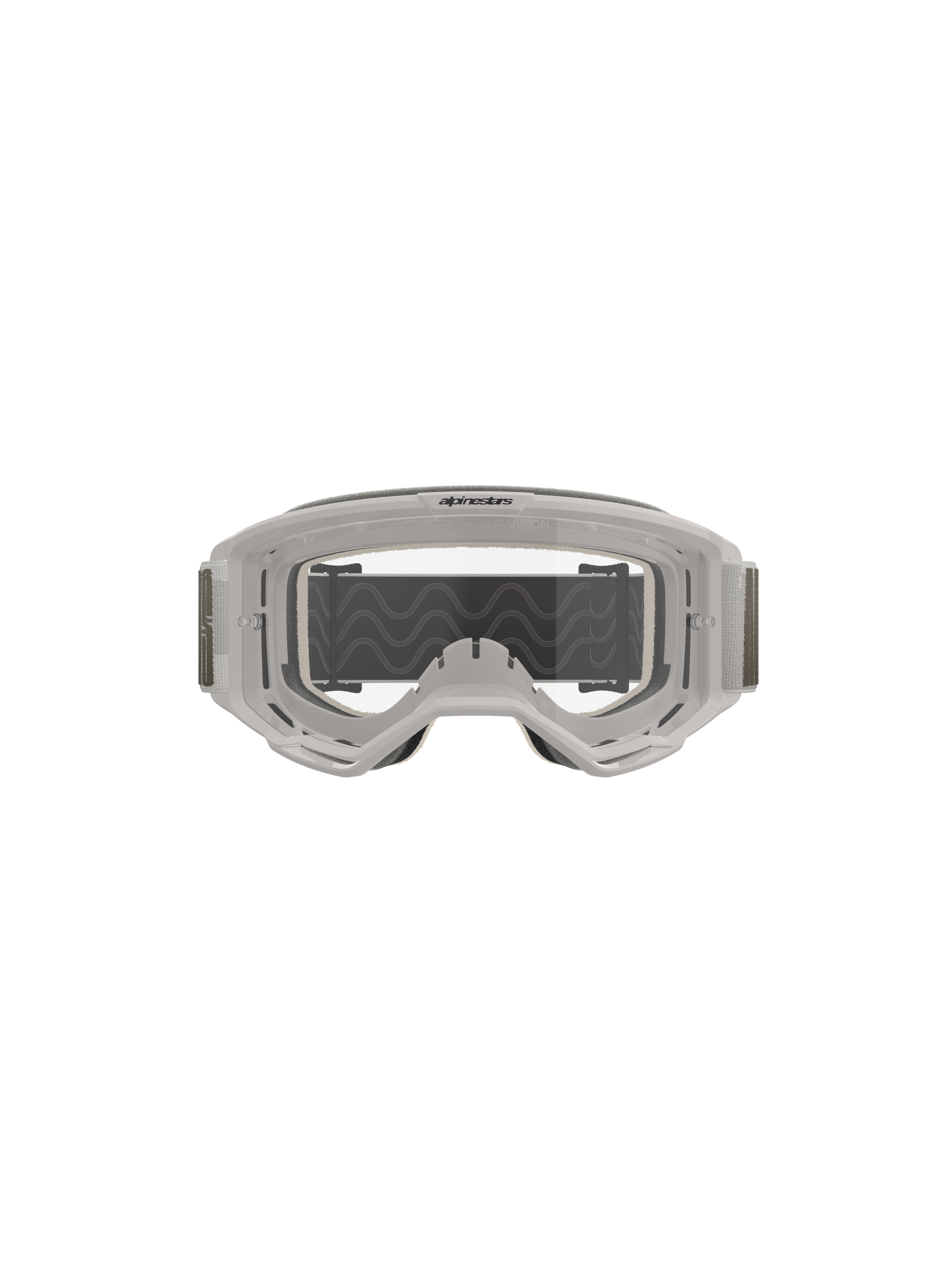 Alpinestars Vision 5 Hollow Goggles, Motocross Goggles, Wind Clear, white translucent frame with a clear anti-fog lens, wide gray adjustable strap with silicone traction, professional off-road riding gear