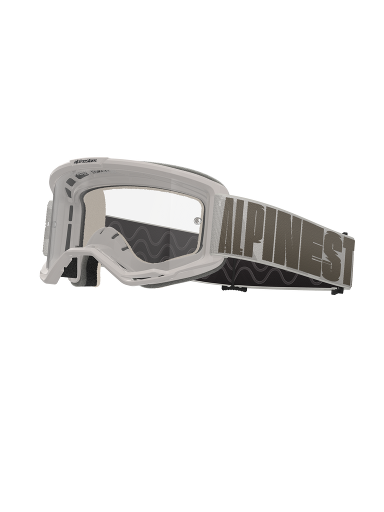 Alpinestars Vision 5 Hollow Goggles, Motocross Goggles, White Frame with Clear Lens, Wide Light Gray Strap with Bold Dark Gray Alpinestars Lettering, Multi-layer Foam Padding, Performance Off-Road Eyewear