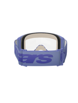 Alpinestars Vision 5 Wordmark Goggles, Purple and Clear, rear view showing triple-layer face foam, wide purple woven strap with bold wordmark branding, clear lens, designed for motocross and off-road racing