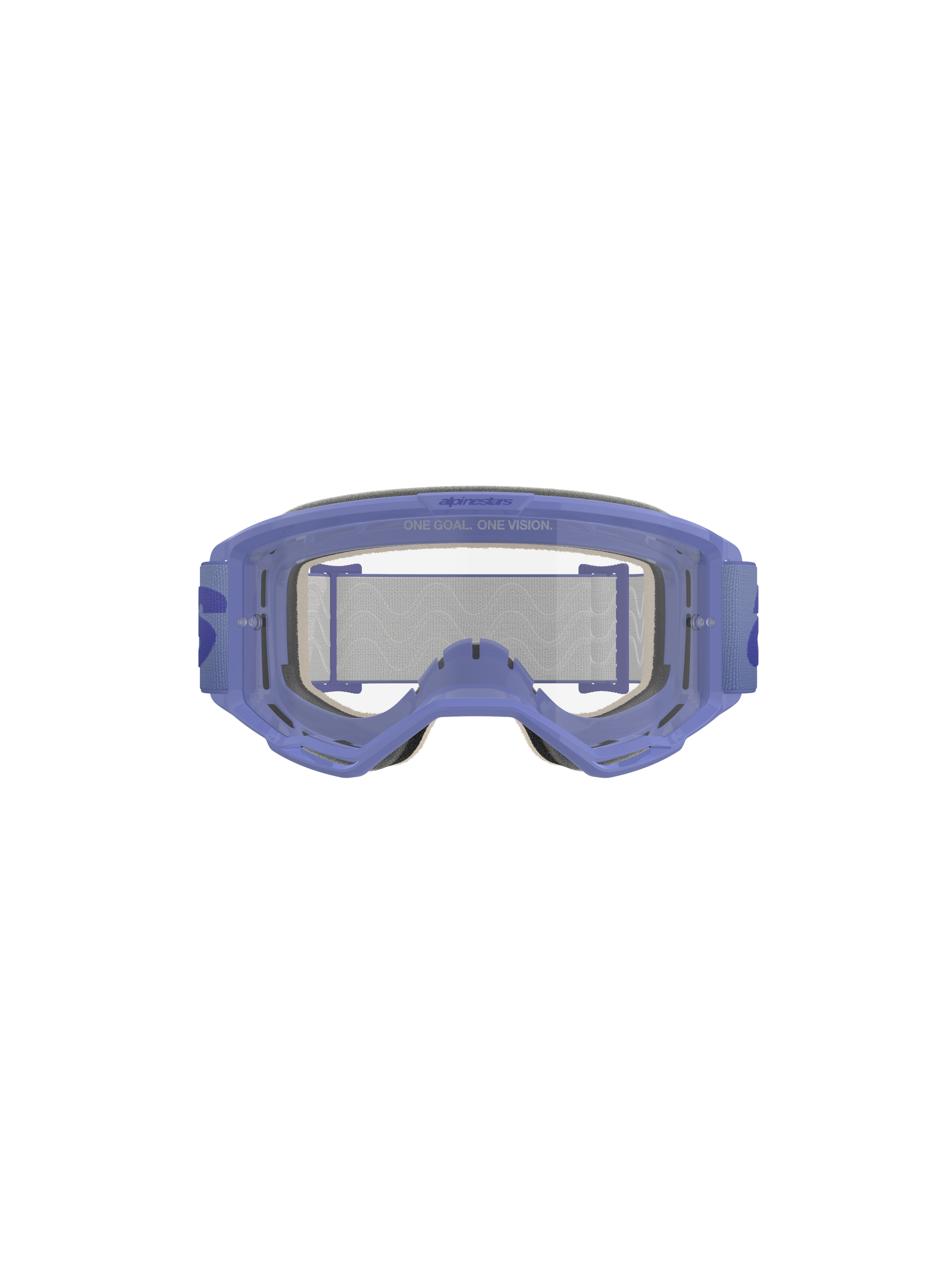 Alpinestars Vision 5 Wordmark Goggles, Purple and Clear, featuring a lightweight A-FLEX urethane frame, clear anti-fog polycarbonate lens with 'ONE GOAL. ONE VISION.' branding, 17mm multi-layer face foam, and purple woven strap with bold wordmark logo, professional motocross eye protection