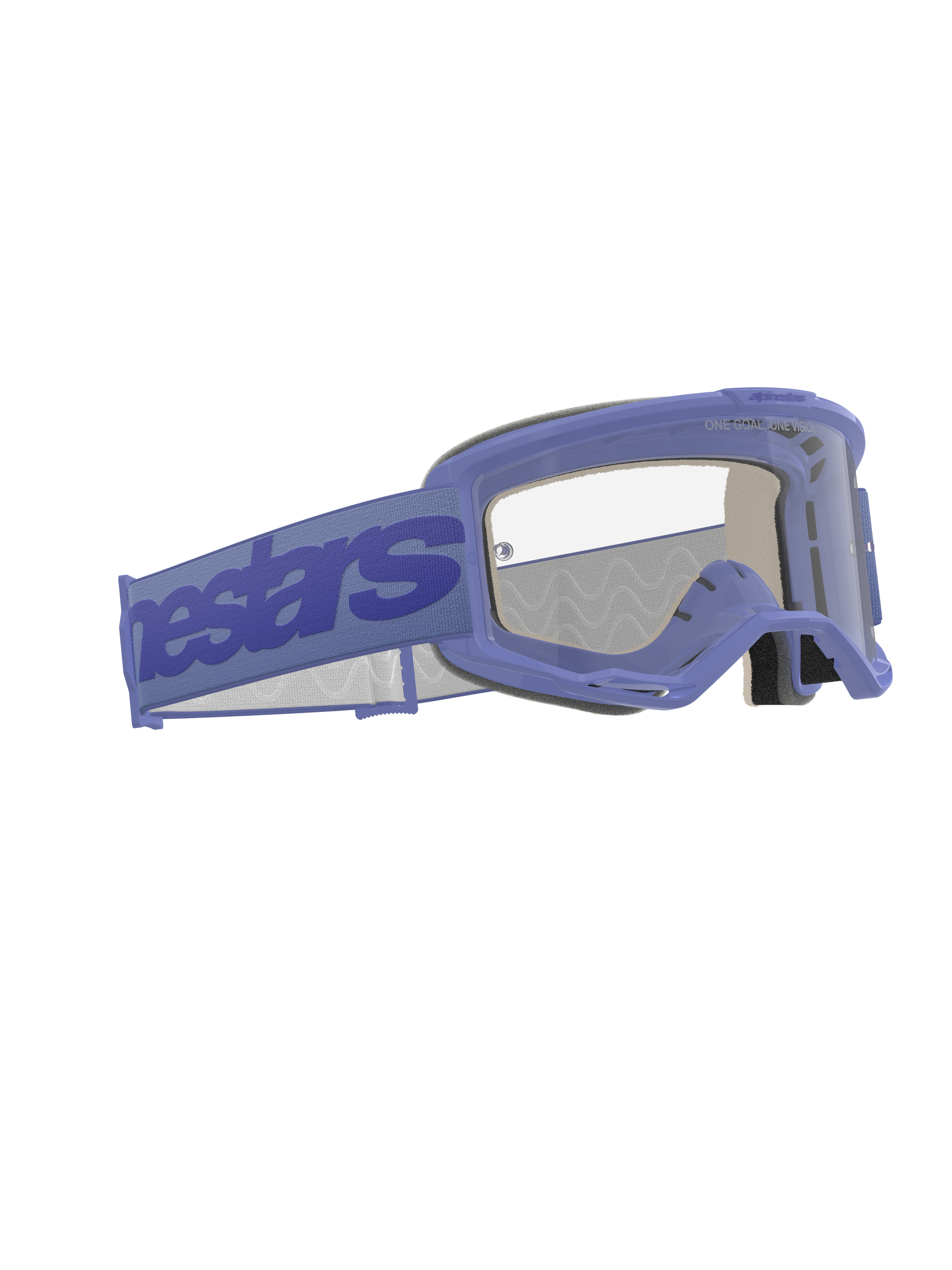 Alpinestars Vision 5 Wordmark Goggles, Motocross Goggles, Purple and Clear, featuring a wide purple strap with Alpinestars branding, flexible urethane frame, clear anti-fog lens, and multi-layer face foam
