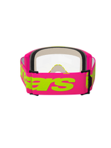 Alpinestars Vision 5 Wordmark Goggles, Motocross Goggles, Pink and Fluo Yellow, rear view showing the wide pink woven strap with neon yellow Alpinestars wordmark, clear lens, and multi-layer face foam padding