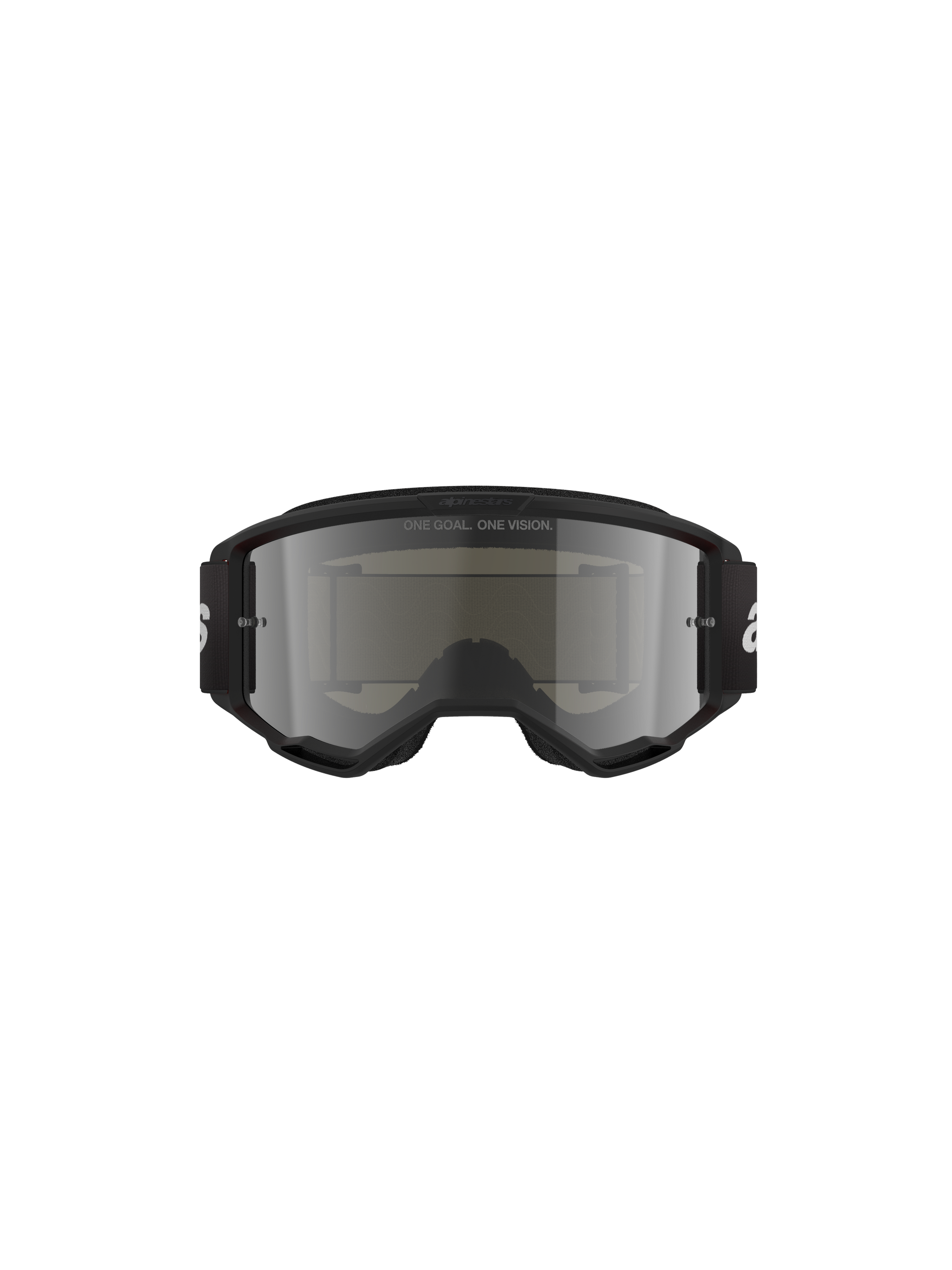 Alpinestars Vision 3 Wordmark Goggles, Motocross Goggles, Black Mirror Silver, featuring a sleek black frame and silver mirrored lens, black woven strap with white branding, designed for off-road racing and eye protection