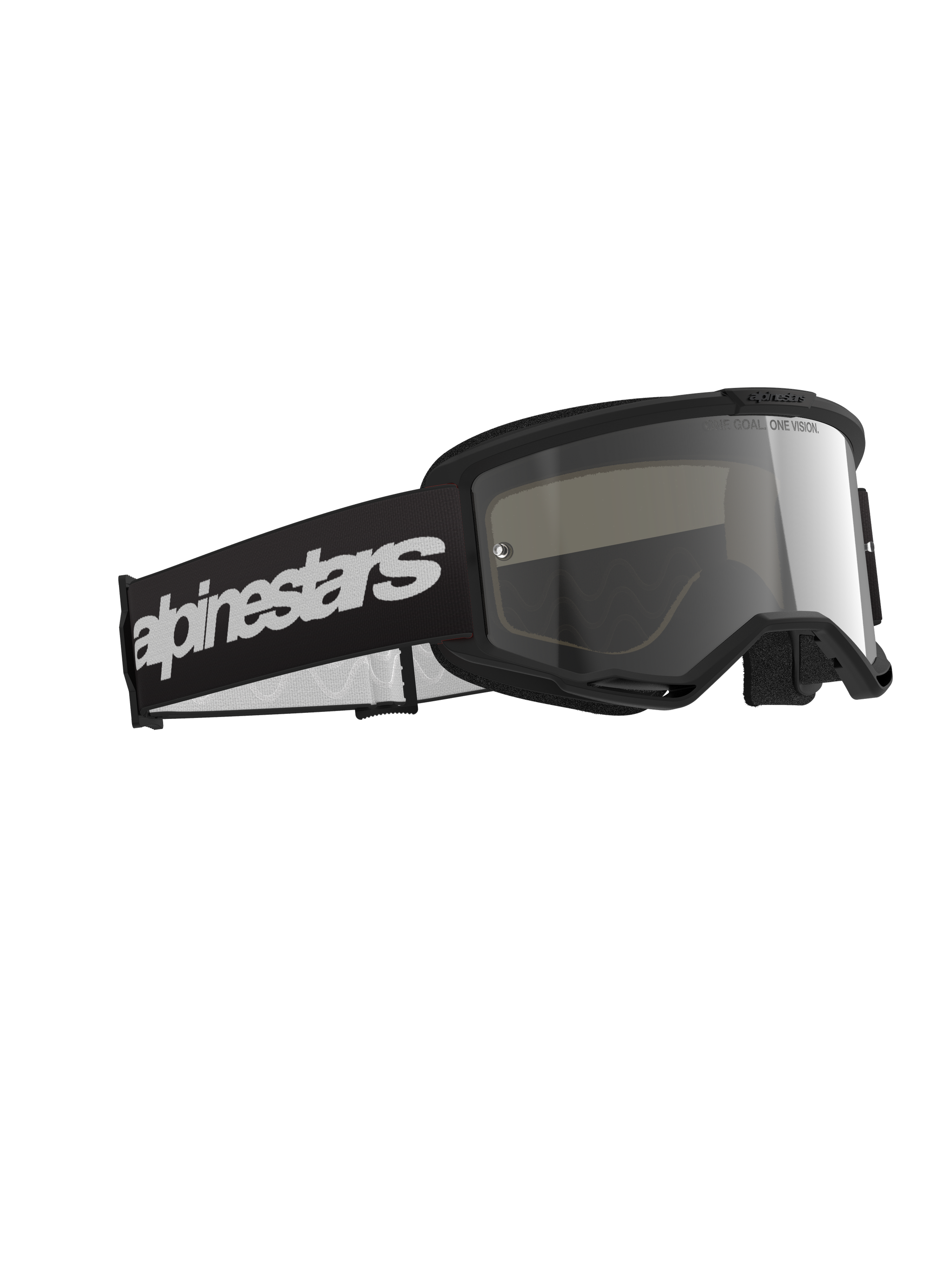 Alpinestars Vision 3 Wordmark Goggles, Motocross Goggles, Black frame with Mirror Silver lens, wide black strap with bold white Alpinestars wordmark logo, sleek protective eyewear for off-road racing