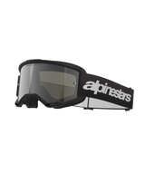 Alpinestars Vision 3 Wordmark Goggles, Motocross Goggles, Black and Mirror Silver, wide silver tinted lens, adjustable black strap with prominent white wordmark logo, foam-lined frame with ventilation ports, designed for off-road racing