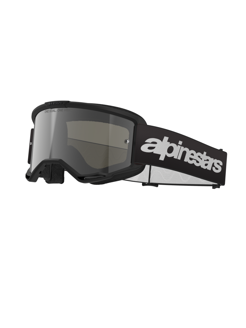 Alpinestars Vision 3 Wordmark Goggles, Motocross Goggles, Black and Mirror Silver, wide silver tinted lens, adjustable black strap with prominent white wordmark logo, foam-lined frame with ventilation ports, designed for off-road racing