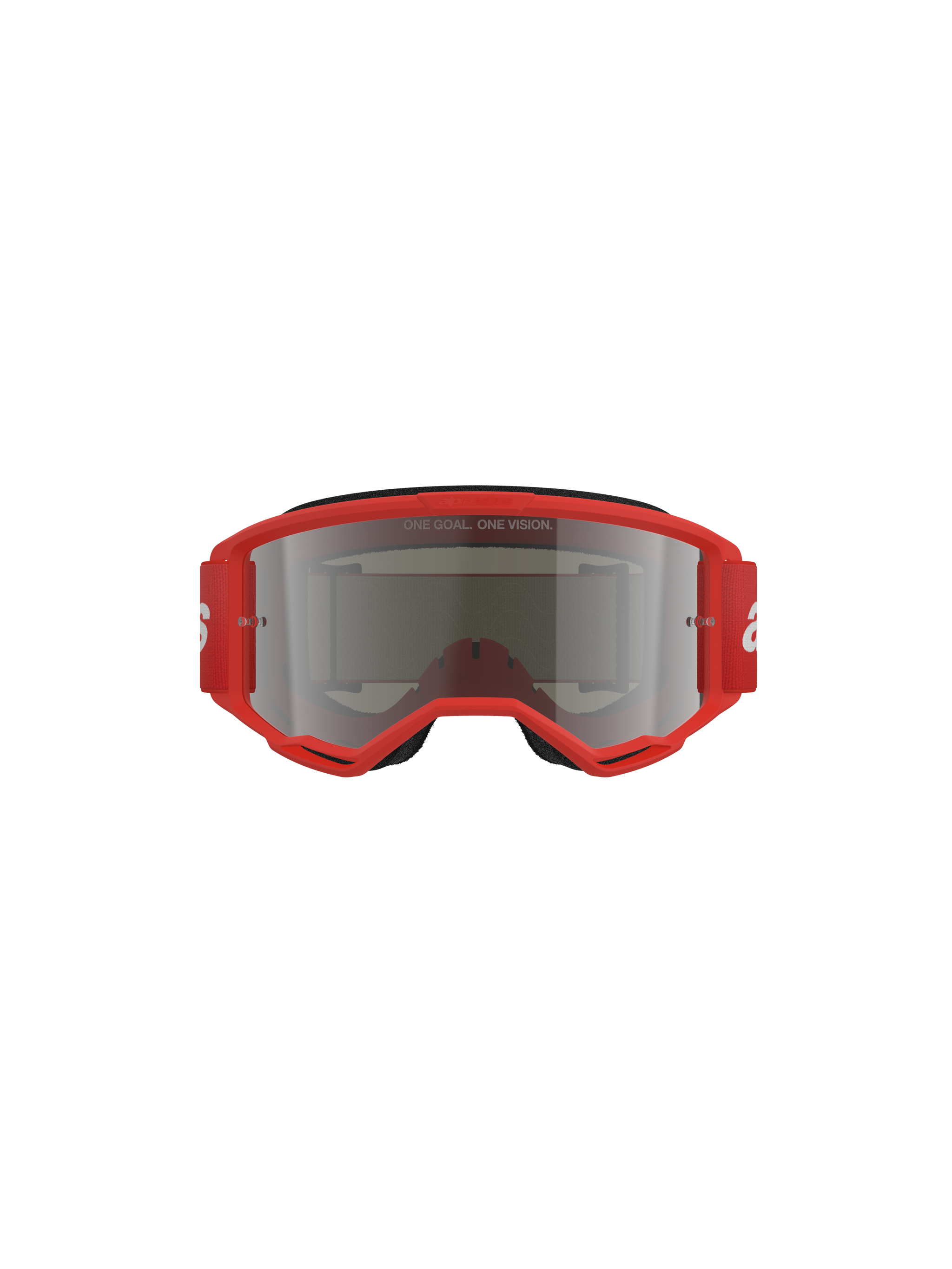 Alpinestars Vision 3 Wordmark Goggles, Motocross Goggles, Red frame with Silver Mirror lens, front view featuring 'ONE GOAL. ONE VISION.' text on the lens and a wide red strap