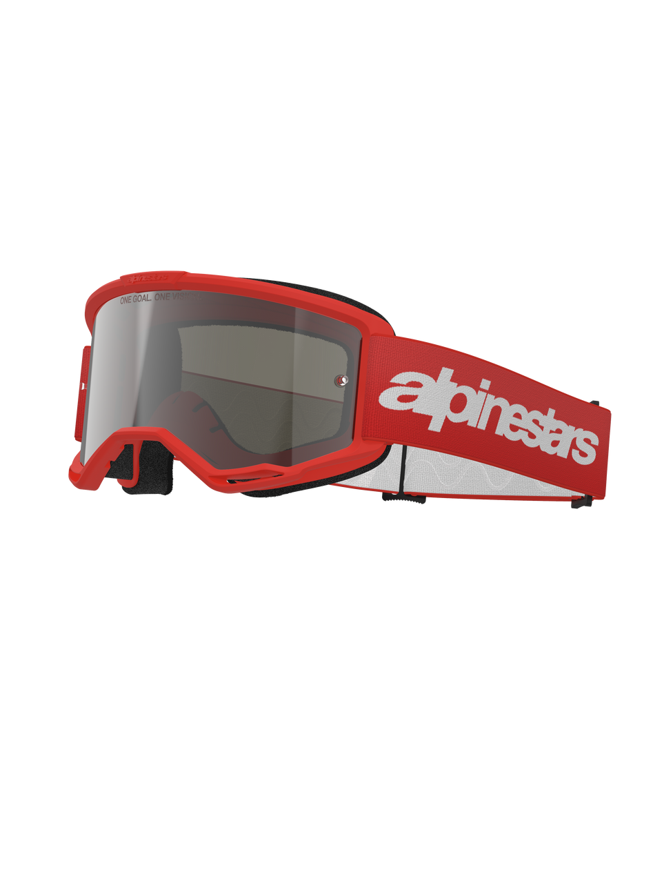 Alpinestars Vision 3 Wordmark Goggles, Motocross Goggles, Red and Silver Mirror, bright red frame with silver mirrored lens, red woven strap featuring a large white wordmark logo, sporty off-road protective eyewear