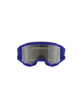 Alpinestars Vision 3 Wordmark Goggles, Motocross Goggles, Blue and Silver Mirror, featuring a vibrant blue frame and wide strap with white wordmark branding, silver mirror lens with 'ONE GOAL. ONE VISION.' text, professional off-road protective eyewear.