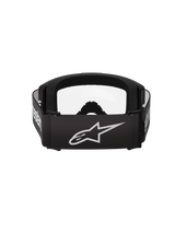 Alpinestars Vision 3 Wordmark Goggles, Motocross Goggles, Black and Clear, rear view featuring a wide black strap with a white Alpinestars star logo and wordmark, thick black face foam, and clear lens.