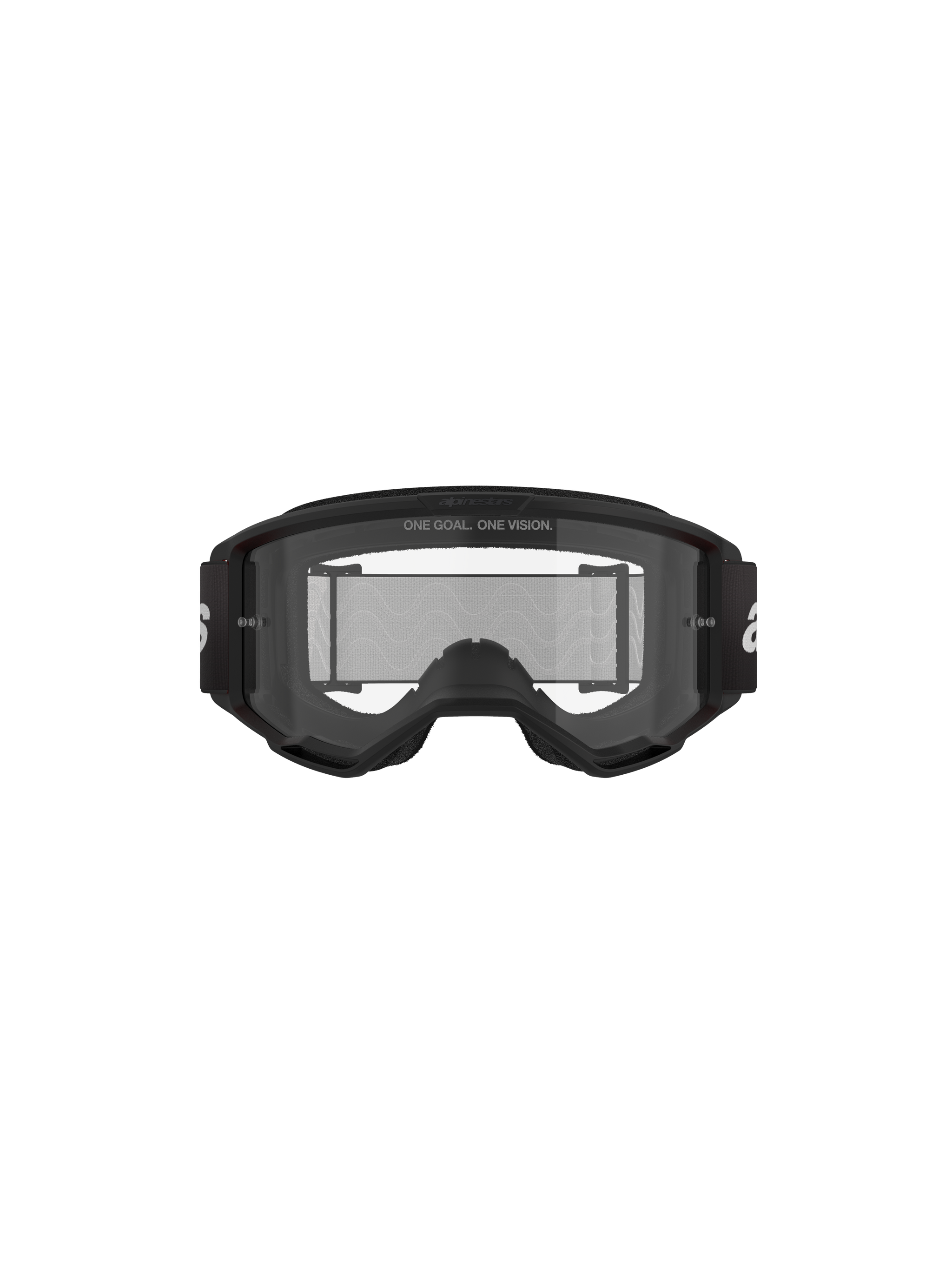 Alpinestars Vision 3 Wordmark Goggles, Motocross Goggles, Black and Clear, front view featuring clear anti-fog lens, A-FLEX frame, black strap with white Alpinestars logo, and 'ONE GOAL. ONE VISION.' slogan detail.
