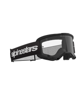 Alpinestars Vision 3 Wordmark Goggles, Motocross Goggles, Black and Clear, featuring a wide black strap with a bold white wordmark logo, clear anti-fog lens with "ONE GOAL. ONE VISION." text, sleek performance design for off-road racing