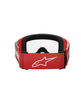 Alpinestars Vision 3 Wordmark Goggles, Motocross Goggles, Red and Clear, Rear view showing red woven strap with large white Alpinestars logo and black face foam padding