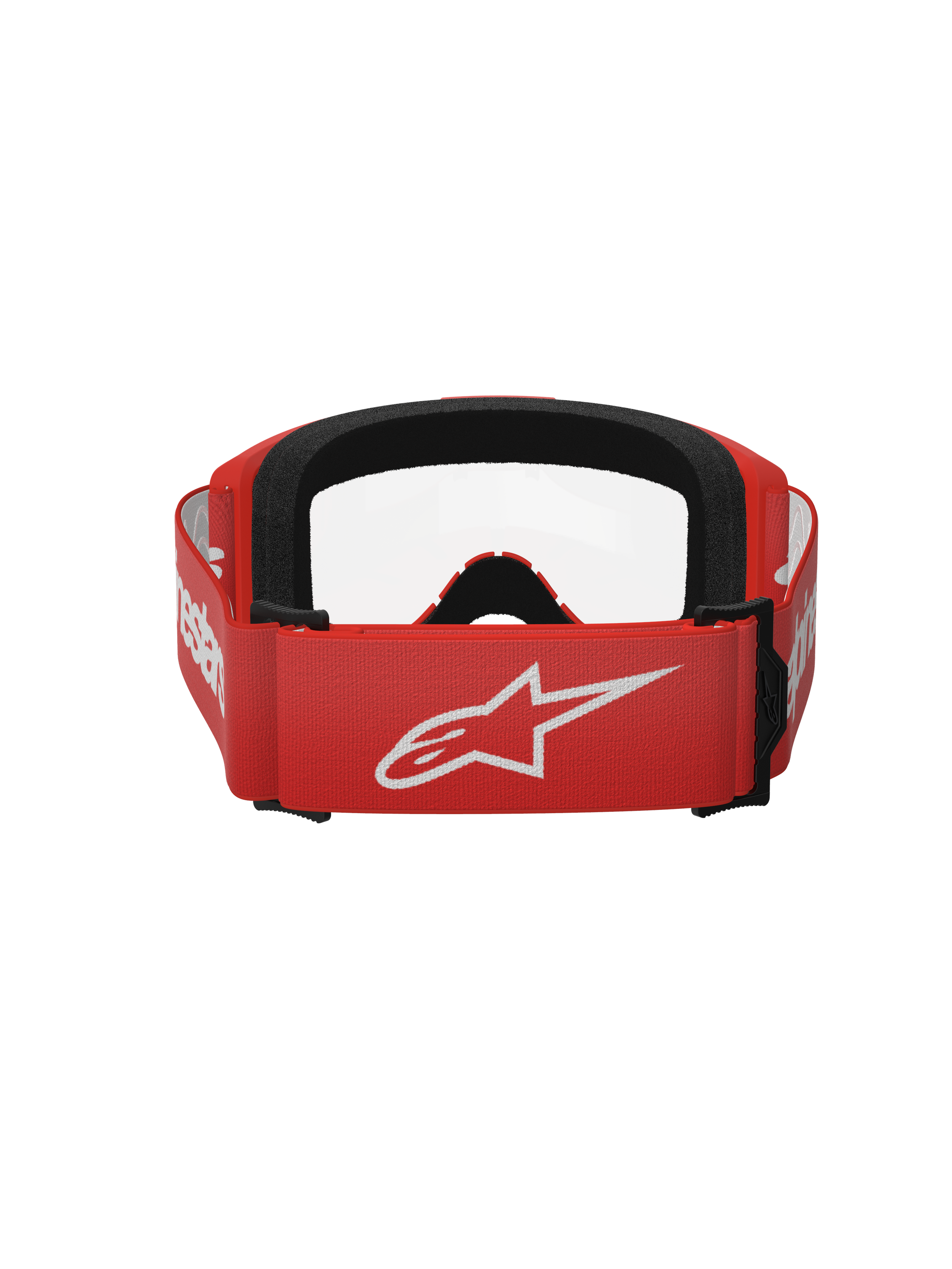 Alpinestars Vision 3 Wordmark Goggles, Motocross Goggles, Red and Clear, Rear view showing red woven strap with large white Alpinestars logo and black face foam padding