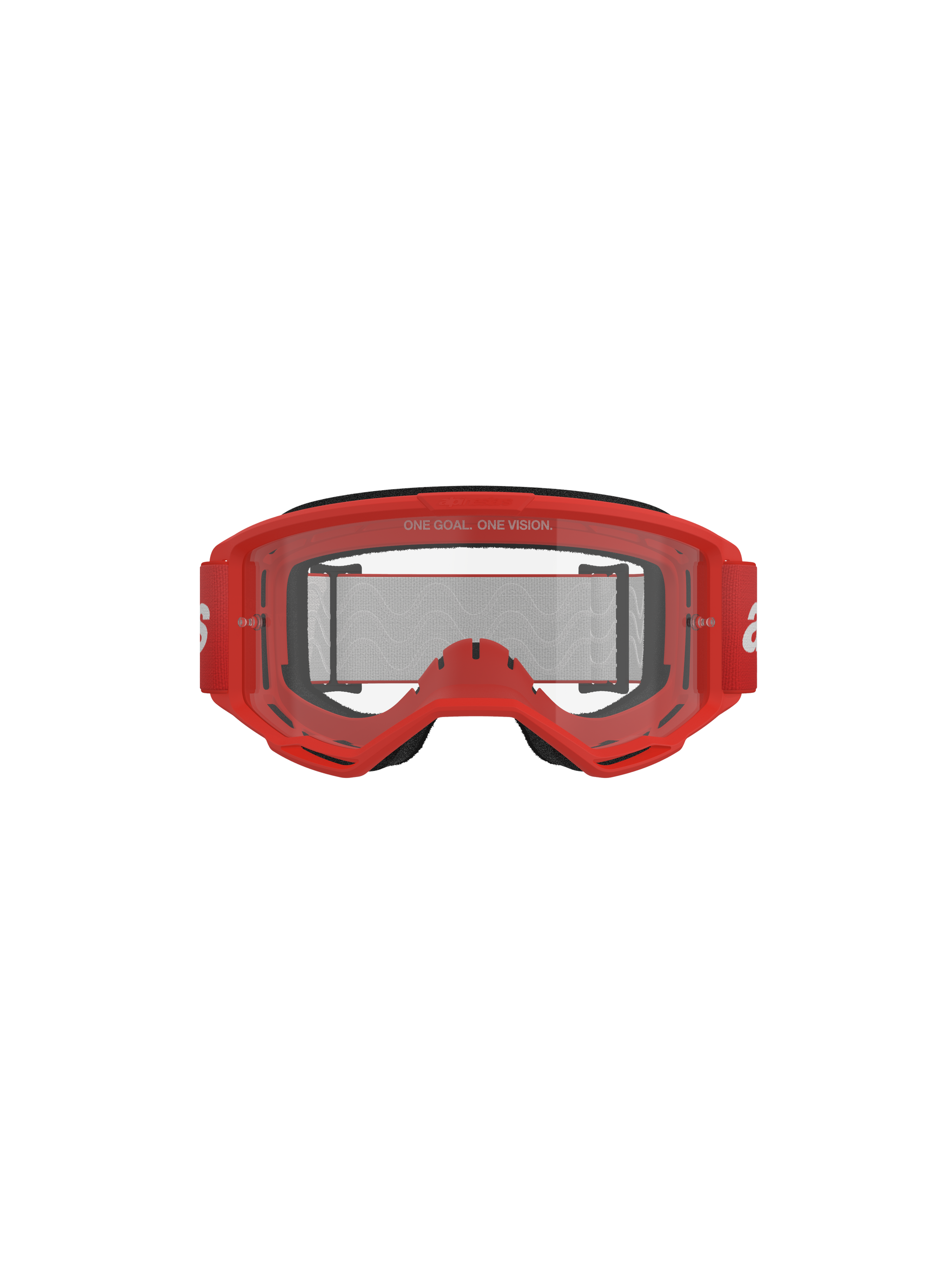 Alpinestars Vision 3 Wordmark Goggles, Motocross Goggles, Red frame and clear lens, red woven strap with white branding, 'ONE GOAL. ONE VISION.' text on the lens, front-facing studio shot on black background