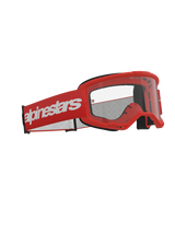 Alpinestars Vision 3 Wordmark Goggles, Motocross Goggles, Red with Clear Lens, featuring a red frame and wide red strap with white Alpinestars branding, professional off-road racing eyewear