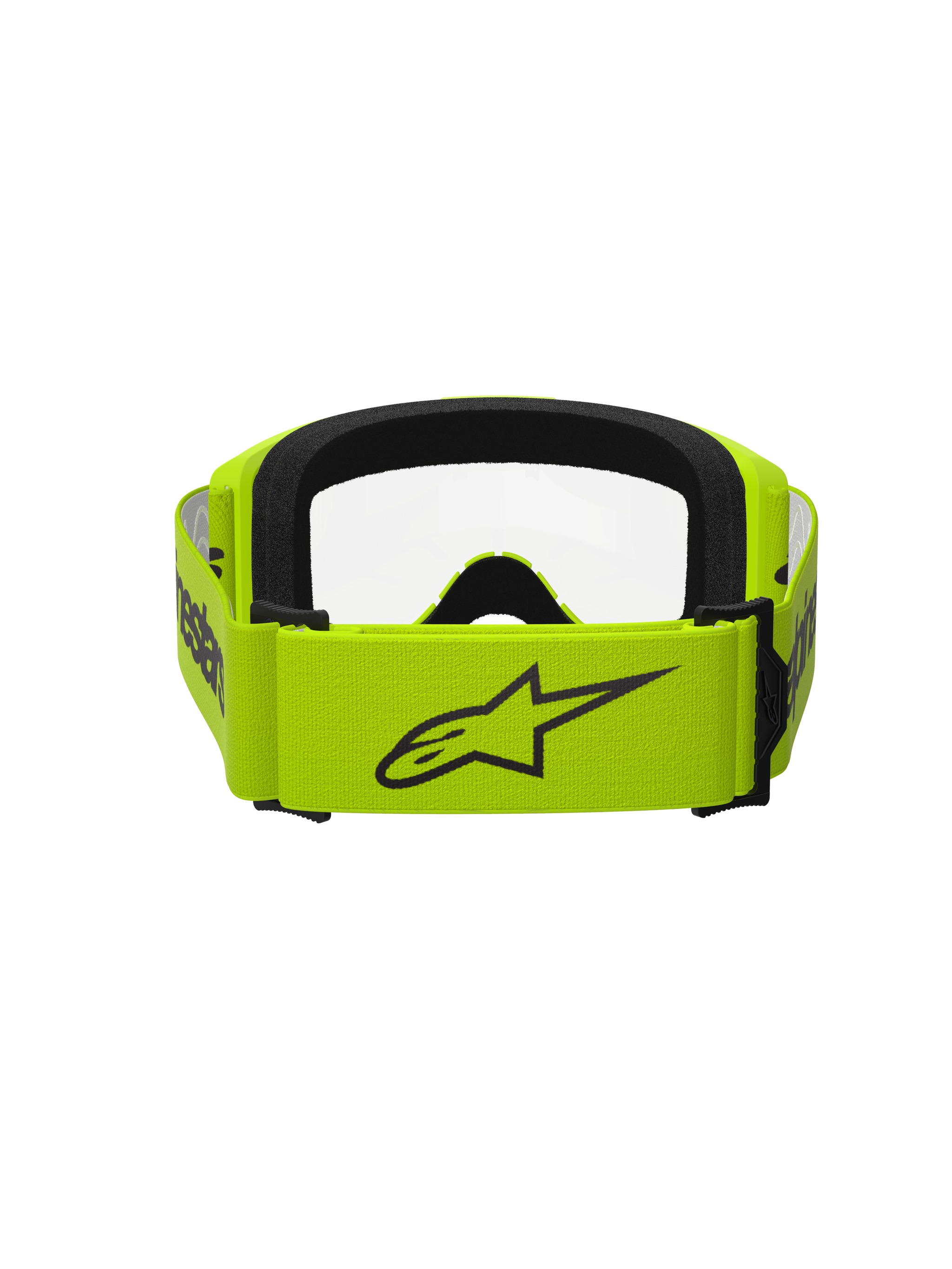 Alpinestars Vision 3 Wordmark Goggles, Motocross Goggles, Yellow Fluo with Clear lens, rear view showing wide yellow strap with black Alpinestars logo, black foam interior, durable design for off-road racing