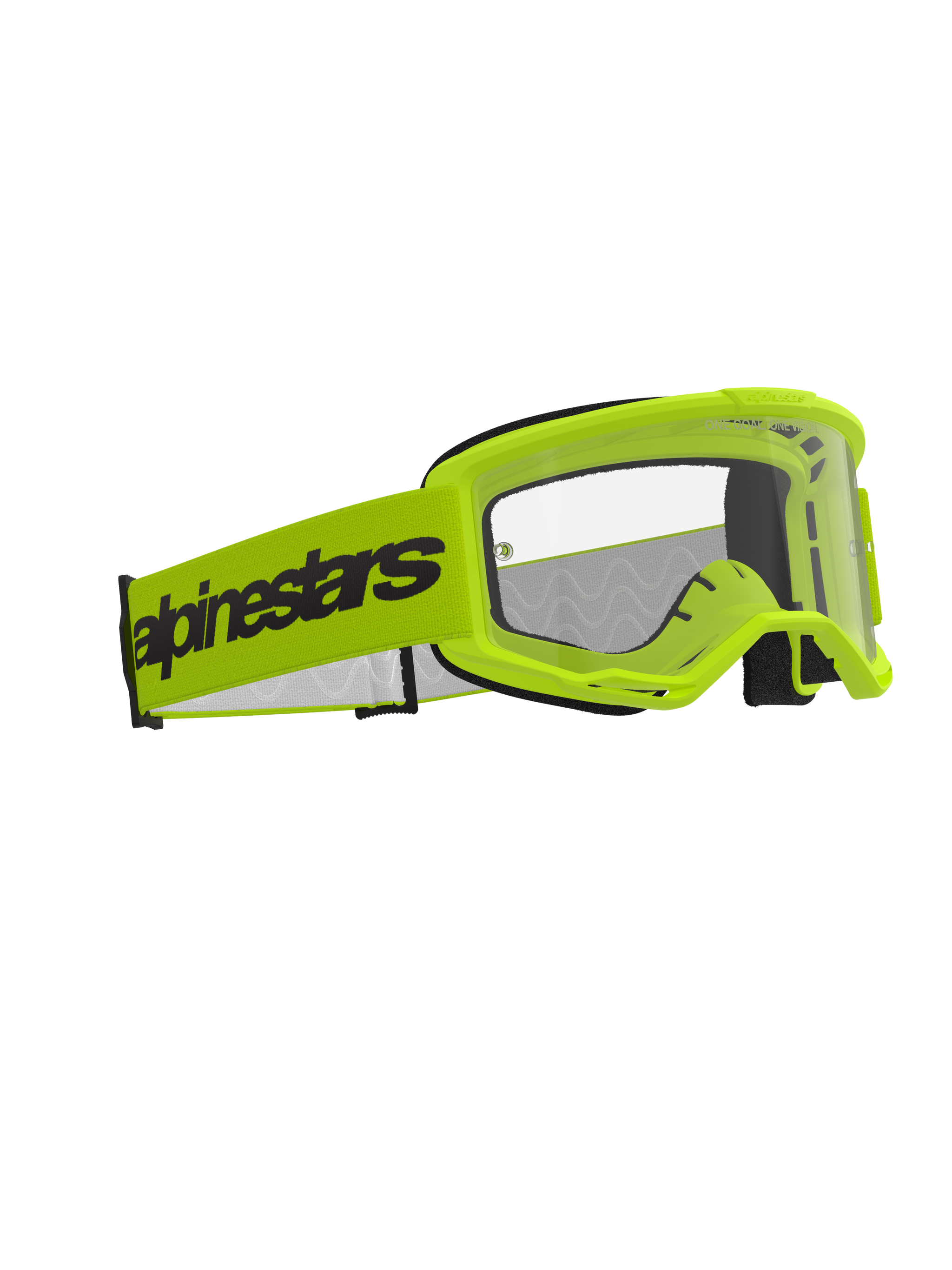 Alpinestars Vision 3 Wordmark Goggles, Motocross Goggles, Yellow Fluo with Clear Lens, wide fluo yellow strap featuring black Alpinestars wordmark, lightweight A-FLEX frame with RAM-AIR ventilation, high-performance eye protection for off-road racing