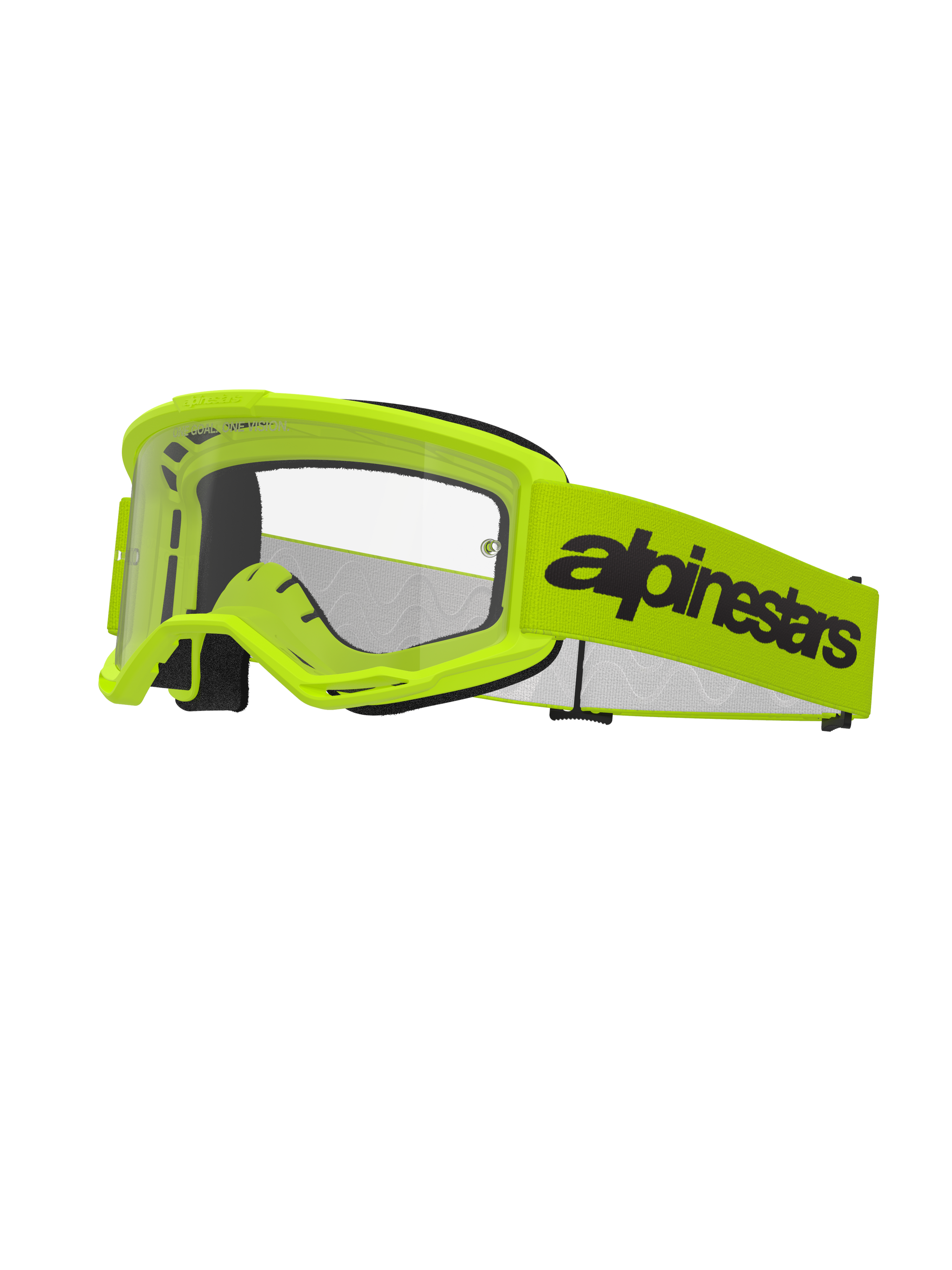 Alpinestars Vision 3 Wordmark Goggles, Motocross Goggles, Yellow Fluo and Black, Clear Lens, wide yellow strap with bold black wordmark logo, black foam padding, off-road racing eyewear