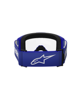 Alpinestars Vision 3 Wordmark Goggles, Motocross Goggles, Blue and Clear, rear view featuring a wide blue strap with a white A-star logo, black foam padding, and clear lens, designed for off-road racing