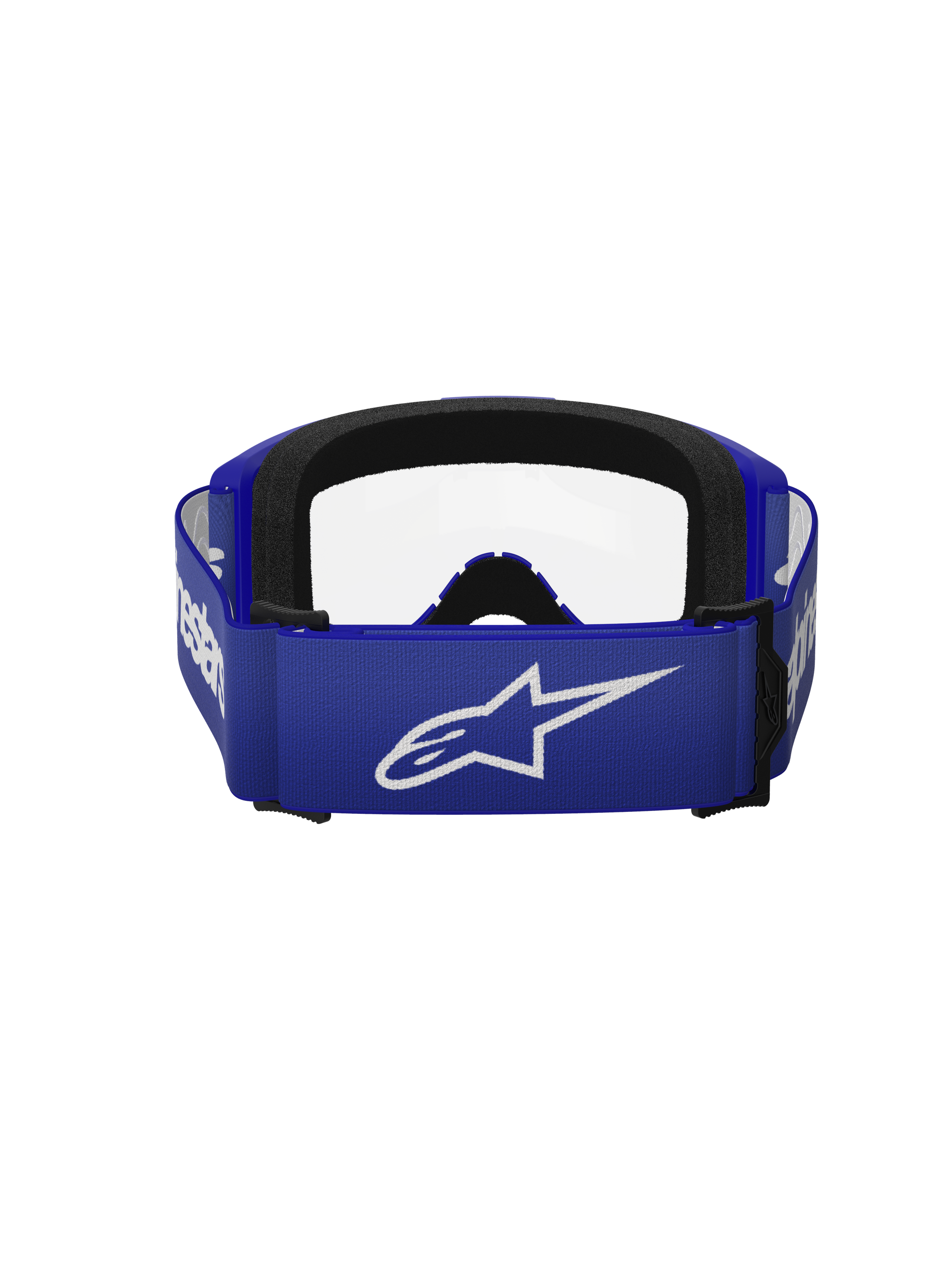 Alpinestars Vision 3 Wordmark Goggles, Motocross Goggles, Blue and Clear, rear view featuring a wide blue strap with a white A-star logo, black foam padding, and clear lens, designed for off-road racing