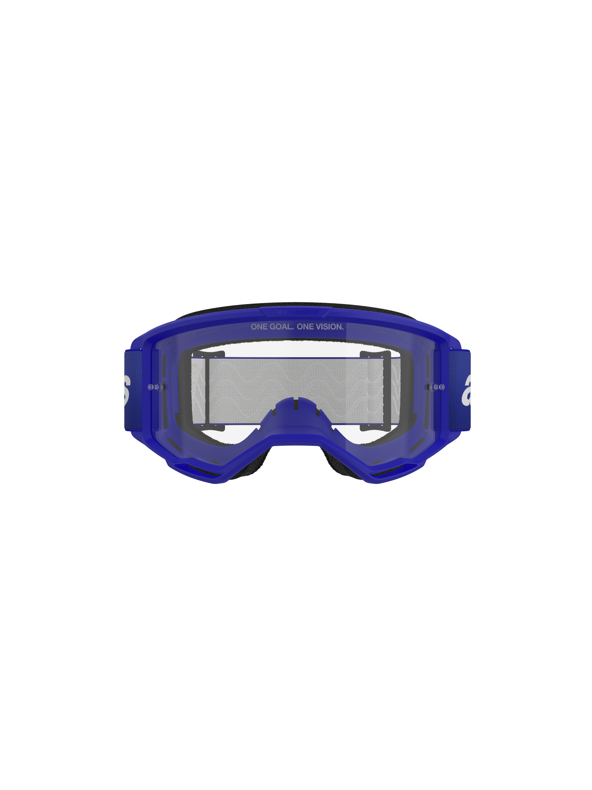 Alpinestars Vision 3 Wordmark Goggles, Motocross Goggles, Blue Clear, front view showing blue A-FLEX frame and clear anti-fog lens with "ONE GOAL. ONE VISION." text, wide blue strap with white branding