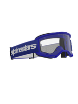 Alpinestars Vision 3 Wordmark Goggles, Motocross Goggles, Blue and Clear, featuring a blue A-FLEX frame, clear anti-fog polycarbonate lens, and a wide dark blue strap with a white Alpinestars wordmark logo, durable off-road eye protection