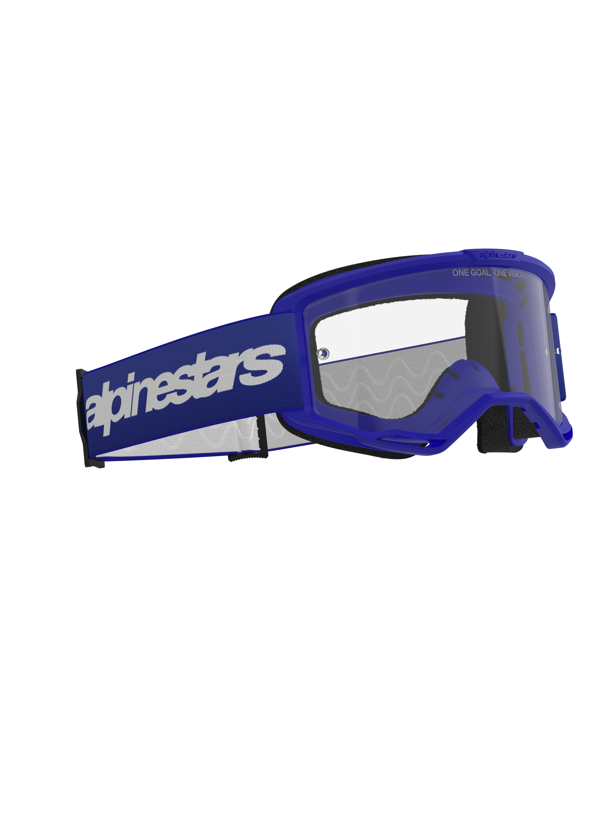 Alpinestars Vision 3 Wordmark Goggles, Motocross Goggles, Blue and Clear, featuring a blue A-FLEX frame, clear anti-fog polycarbonate lens, and a wide dark blue strap with a white Alpinestars wordmark logo, durable off-road eye protection