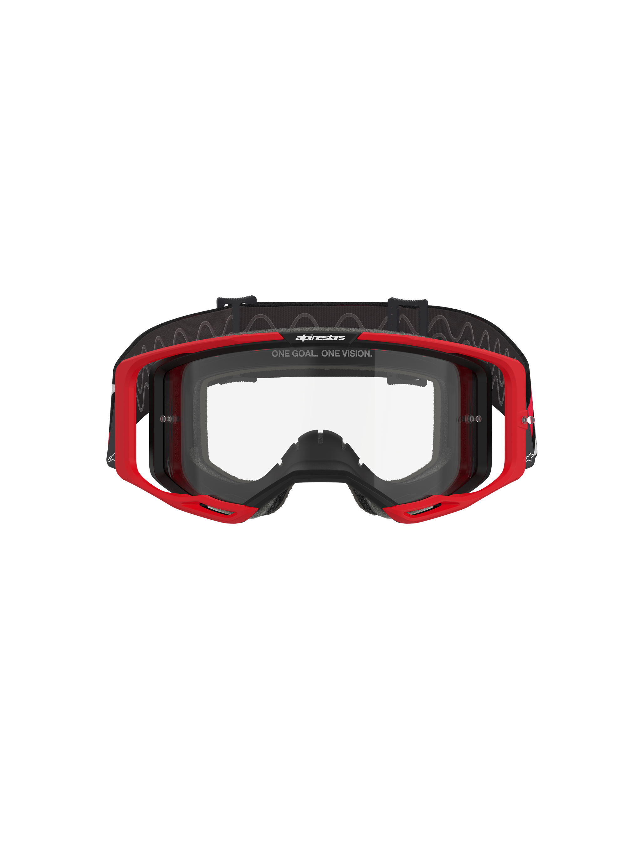Alpinestars Vision 8 Luar Goggles, Motocross Goggles, Red Black and Clear, featuring a red A-FLEX frame, clear anti-fog polycarbonate lens, black adjustable woven strap with logo, high-performance eye protection for off-road racing