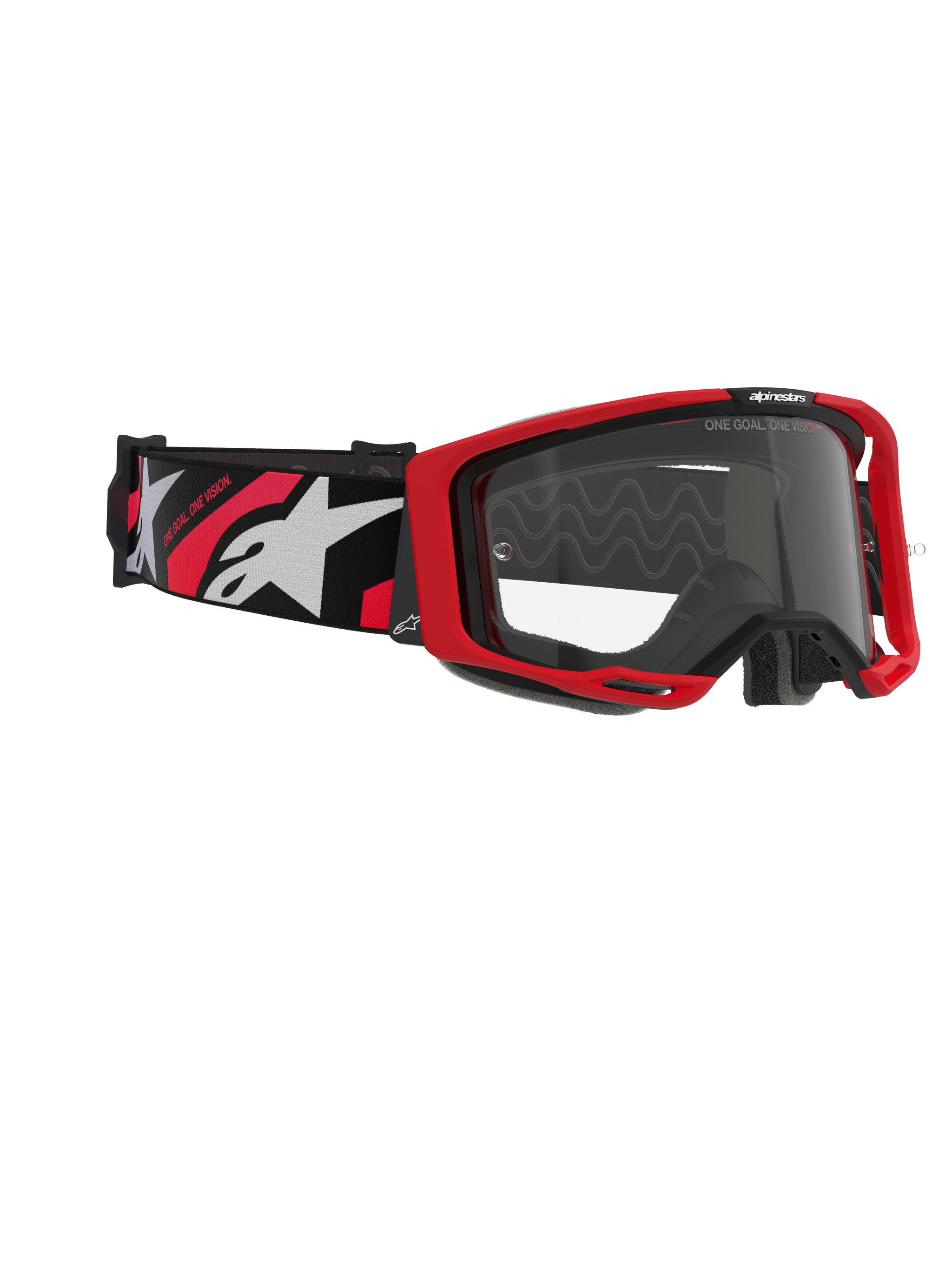 Alpinestars Vision 8 Luar Goggles, Motocross Goggles, Red Black and Clear, featuring a red frame, clear anti-fog lens, and a black strap with white and red logos, professional eye protection for off-road racing