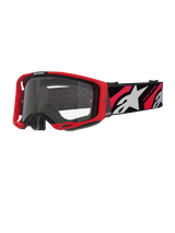 Alpinestars Vision 8 Luar Goggles, Motocross Goggles, Red and Black with Clear Lens, featuring a red A-FLEX frame, clear anti-fog lens, and a black woven strap with red and white graphics and Alpinestars branding