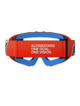 Alpinestars Vision Youth Corp Goggles, Motocross Goggles, Orange with Clear lens, rear view featuring orange strap with white Alpinestars slogan, blue inner face foam, and clear polycarbonate lens