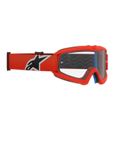 Alpinestars Vision Youth Corp Goggles, Youth Motocross Goggles, Orange frame and Clear lens, orange strap with bold black and white Alpinestars logo, visible blue face foam, silicone grip waves, polycarbonate anti-fog lens for off-road racing