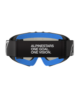 Alpinestars Vision Youth Corp Goggles, Black Mirror Silver, Motocross Goggles, back view featuring black strap with 'ALPINESTARS ONE GOAL. ONE VISION.' white text, bright blue plush face foam, and black A-FLEX frame.