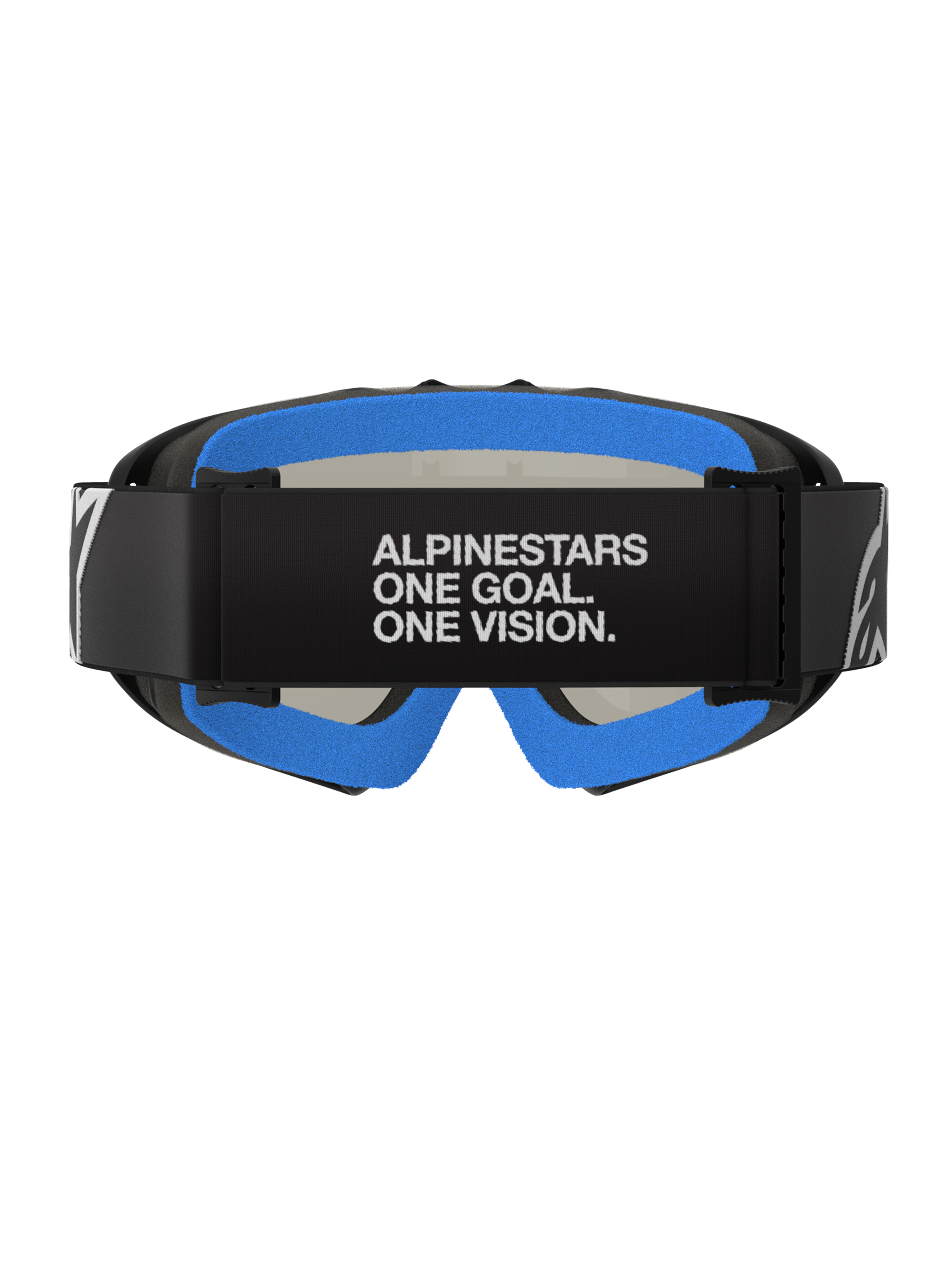 Alpinestars Vision Youth Corp Goggles, Black Mirror Silver, Motocross Goggles, back view featuring black strap with 'ALPINESTARS ONE GOAL. ONE VISION.' white text, bright blue plush face foam, and black A-FLEX frame.