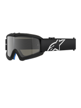 Alpinestars Vision Youth Corp Goggles, Black motocross goggles with a silver mirror lens, youth size, black adjustable strap with white star logo, blue interior foam padding, designed for off-road motorcycle racing