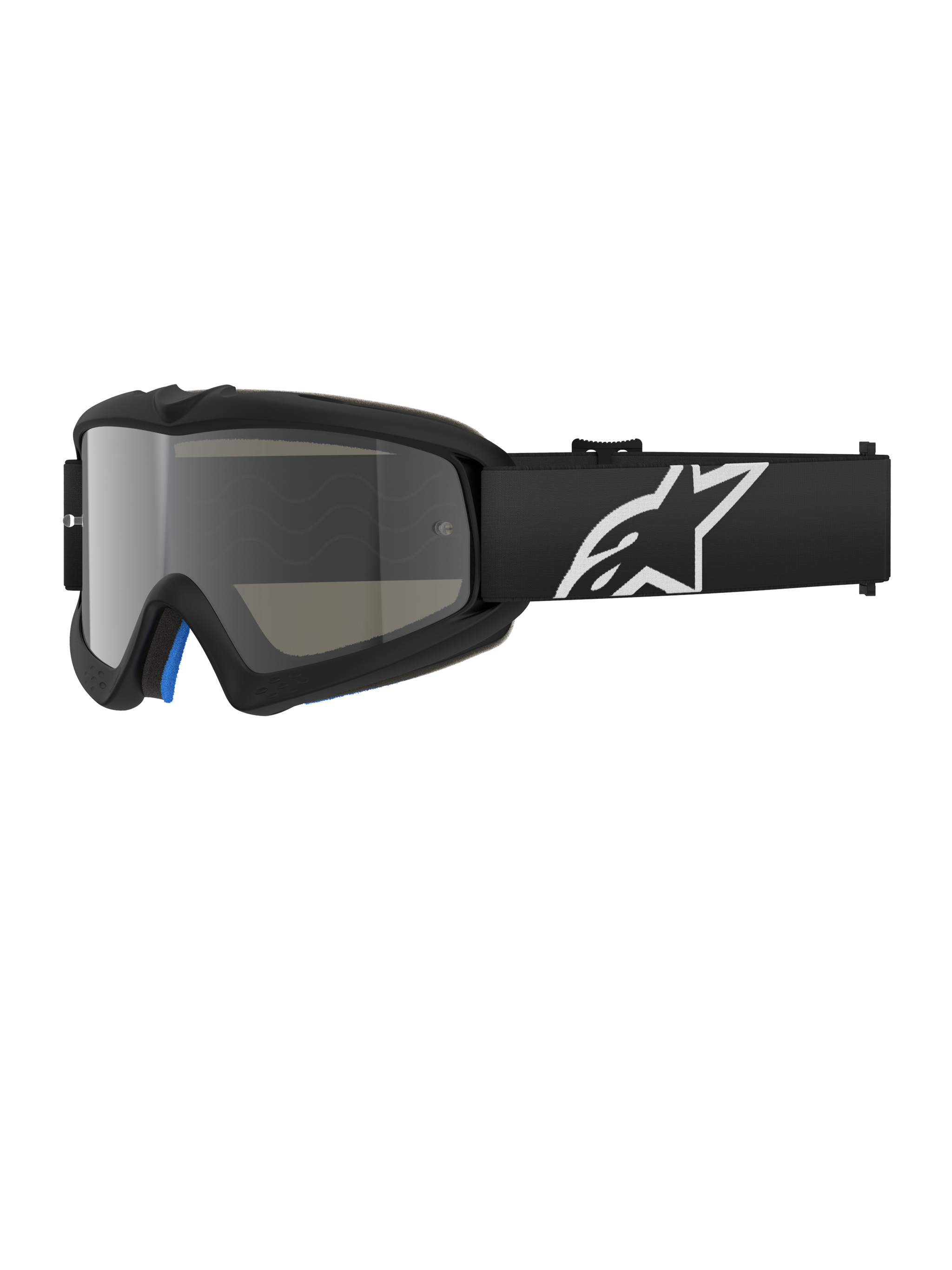 Alpinestars Vision Youth Corp Goggles, Black motocross goggles with a silver mirror lens, youth size, black adjustable strap with white star logo, blue interior foam padding, designed for off-road motorcycle racing