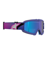 Alpinestars Vision Youth Corp Goggles, Motocross Goggles, Purple and Fluo Pink frame with Mirror Blue lens, wide elastic strap featuring a pink and white Alpinestars logo, high-performance off-road eyewear for young riders