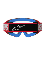 Alpinestars Vision Youth Blaze Goggles, Red and Clear, rear view showing a red woven strap with a black logo patch and white branding, bright blue face foam, and a clear anti-fog lens, designed for youth motocross racing.