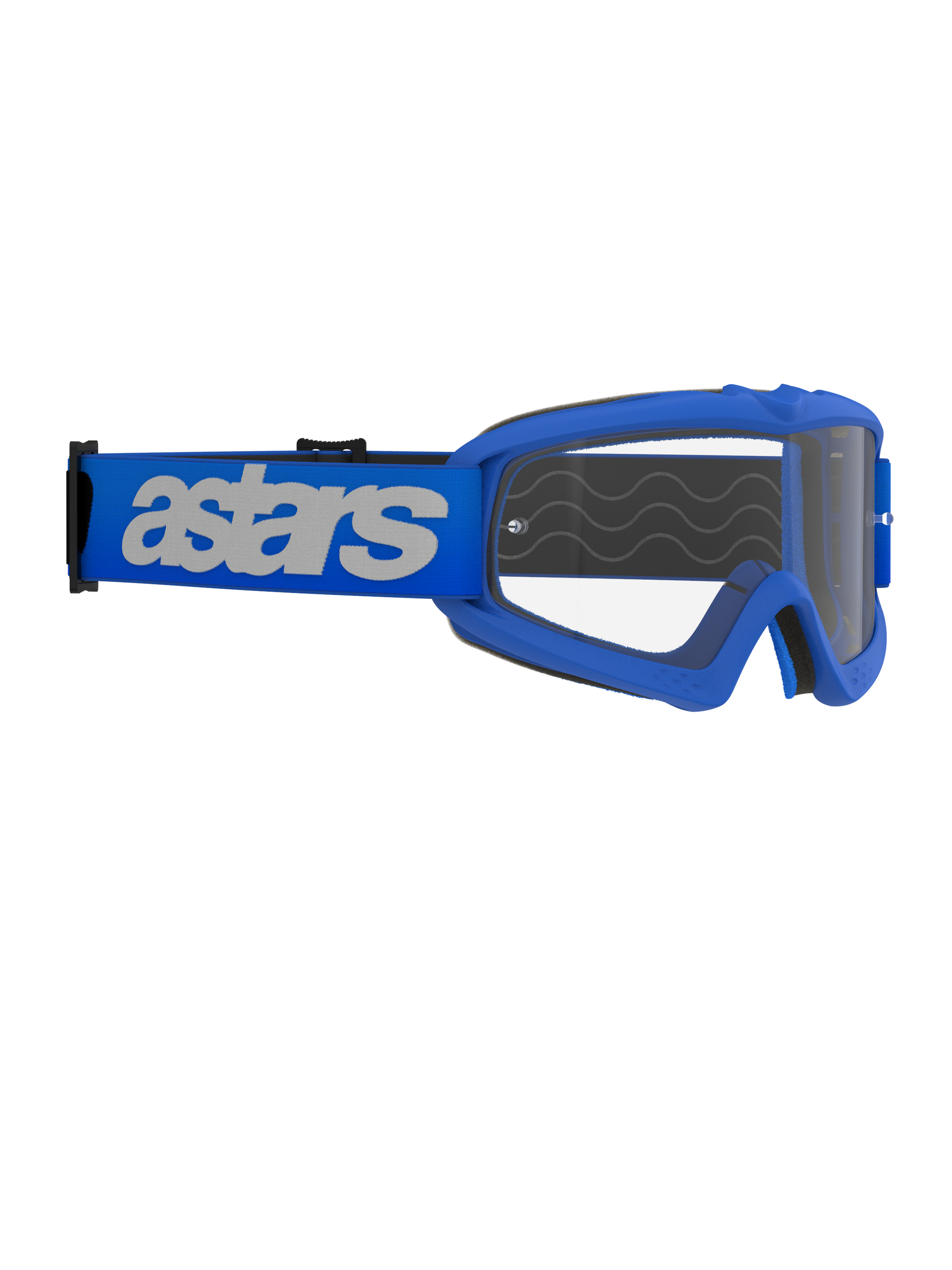 Alpinestars Vision Youth Blaze Goggles, Motocross Goggles, Blue and Clear, featuring a blue frame with a clear anti-fog lens, wide blue strap with white 'astars' logo, designed for youth riders and smaller face shapes, professional off-road gear