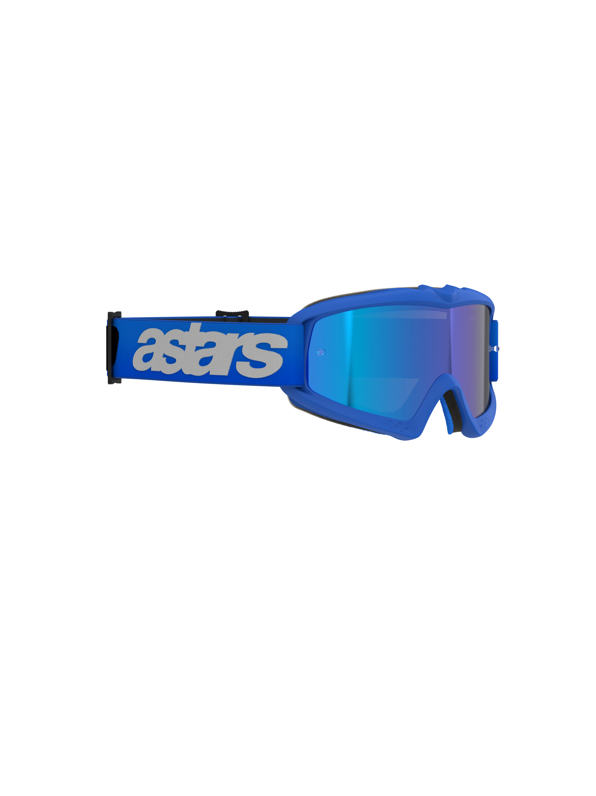 Alpinestars Vision Youth Blaze Goggles, Motocross Goggles, Blue Mirror Blue, vibrant blue frame with mirrored lens, wide blue strap featuring light gray 'astars' branding, high-performance eye protection for young off-road riders