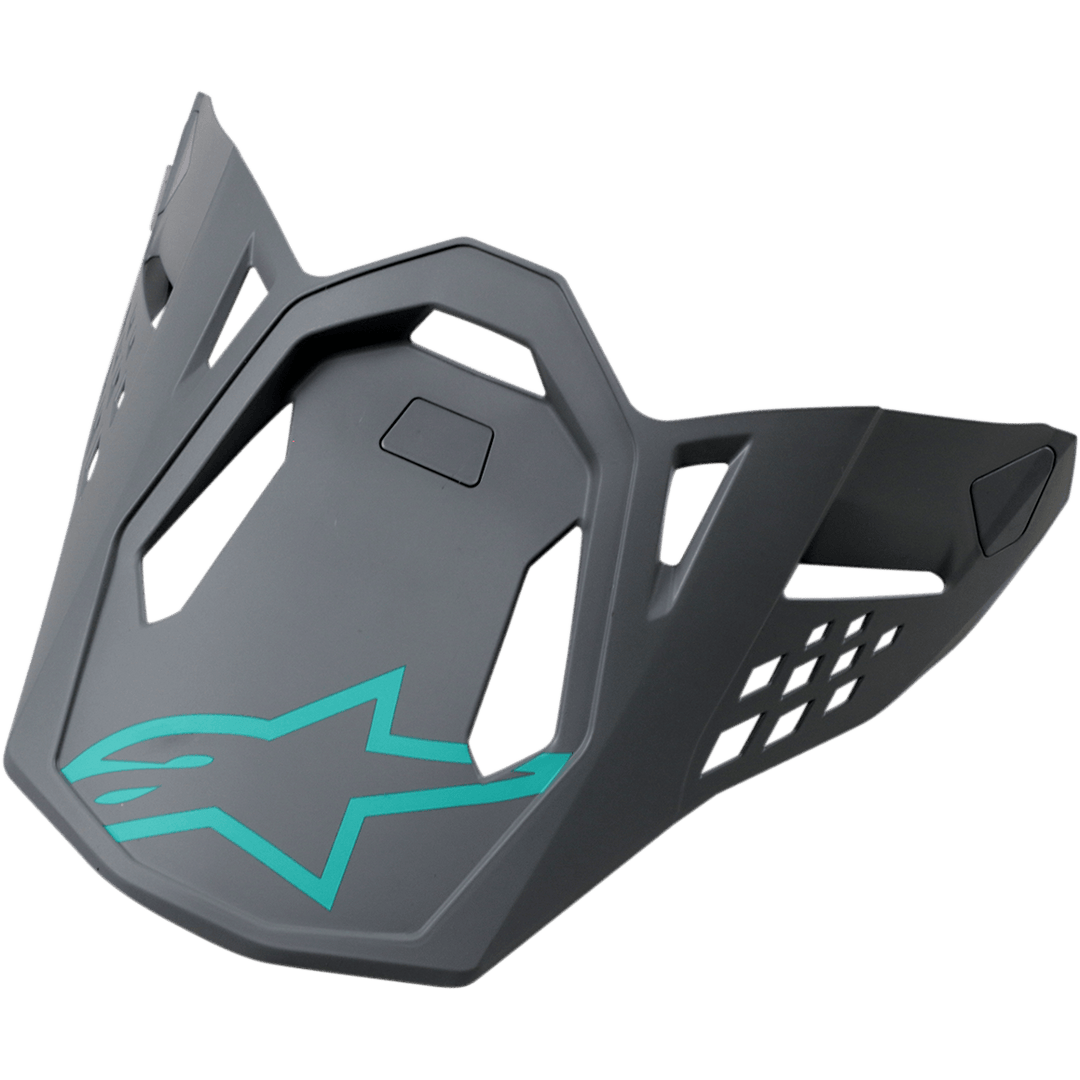 Alpinestars S-M8 Helmet Visor, Radium Blue Gray Green, dark gray replacement peak with a teal Alpinestars star logo, featuring geometric cutouts and an angular matte design for motocross helmets