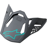 Alpinestars S-M8 Helmet Visor, Radium Blue Gray Green, dark gray replacement peak with a teal Alpinestars star logo, featuring geometric cutouts and an angular matte design for motocross helmets