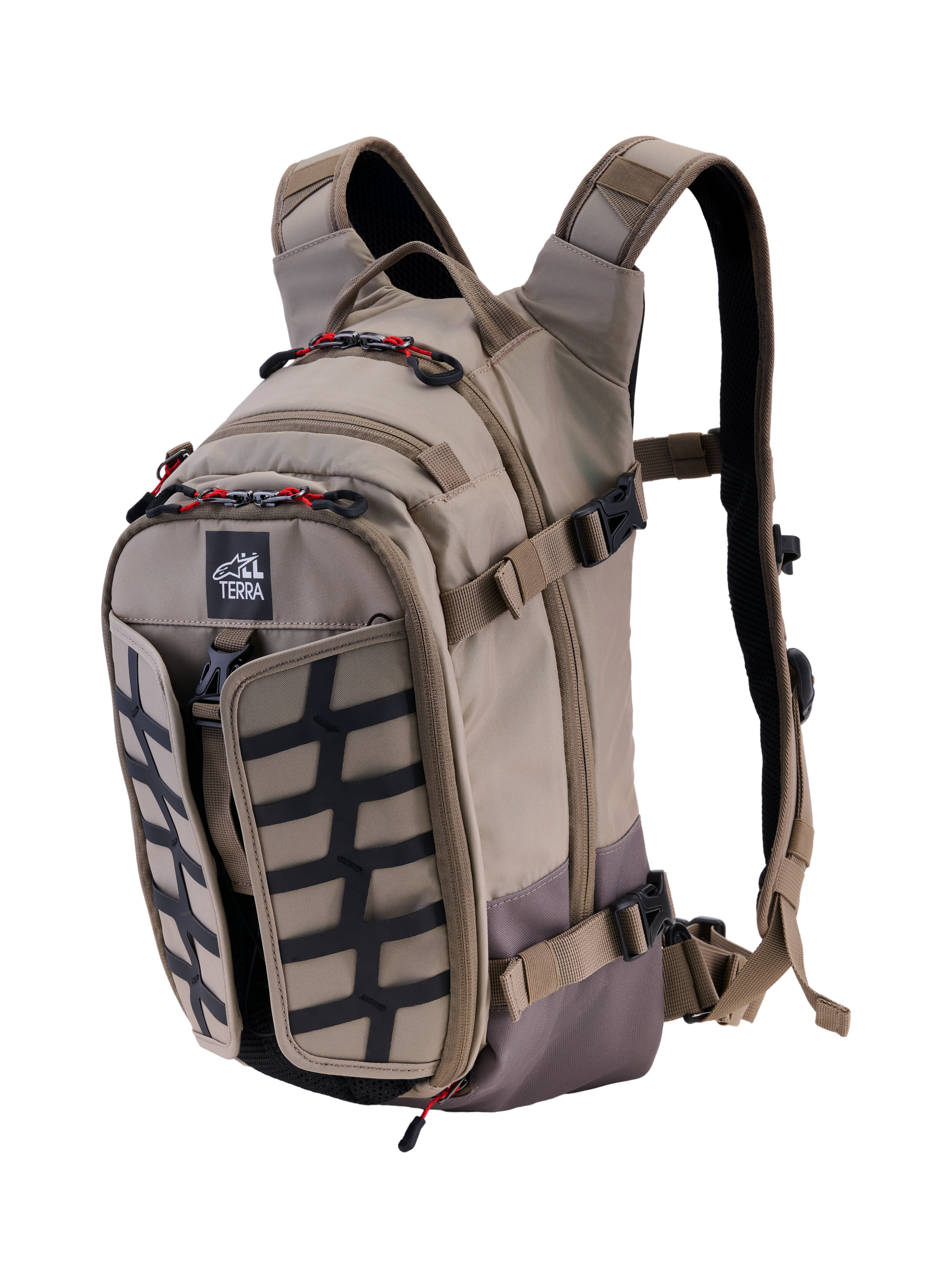 Alpinestars AT-15 Back Pack, Aluminum Walnut, 15L expandable adventure motorcycle backpack, front 3/4 view featuring All Terra logo, black grid panel, red zipper accents, and ergonomic shoulder straps, rugged off-road design