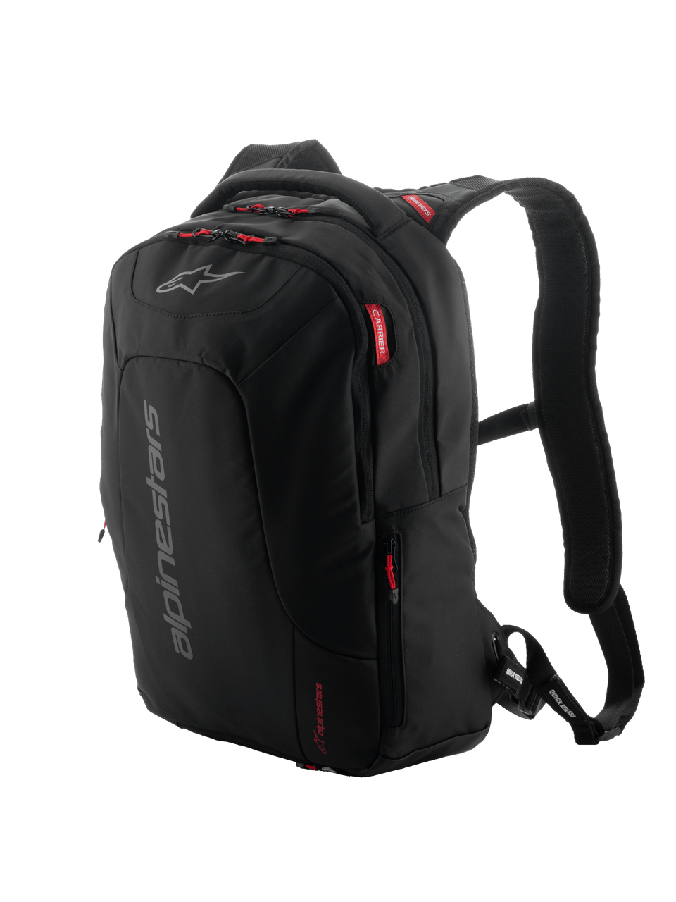 Alpinestars City Hunter V2 Backpack, Urban Motorcycle Backpack, Black with Red Zipper Pulls and Accents, Grey Vertical Branding, Padded Mesh Shoulder Straps, Sleek Tapered Design for Riding Stability
