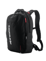 Alpinestars City Hunter V2 Backpack, Black with White and Red accents, Urban motorcycle backpack, Featuring padded mesh shoulder straps, multiple zippered compartments, vertical white branding, and red logo details, ergonomic design for riders