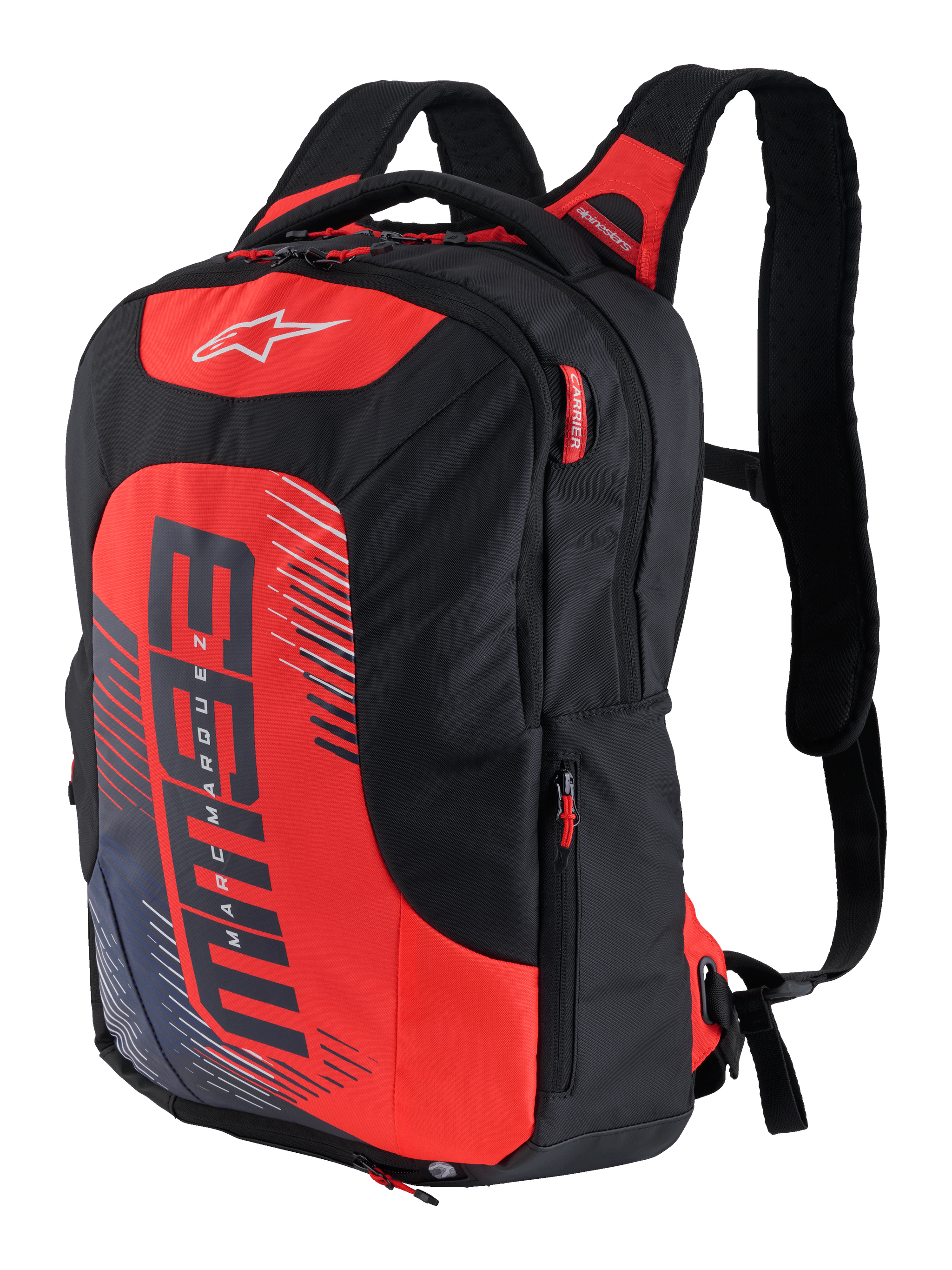 MM93 City Hunter V2 Backpack, Black and Red, sporty motorcycle backpack with ergonomic padded shoulder straps, multiple compartments with red zipper pulls, bold red front panel with MM93 logo and Marc Marquez graphic elements, durable polyfabric, sleek streamlined design